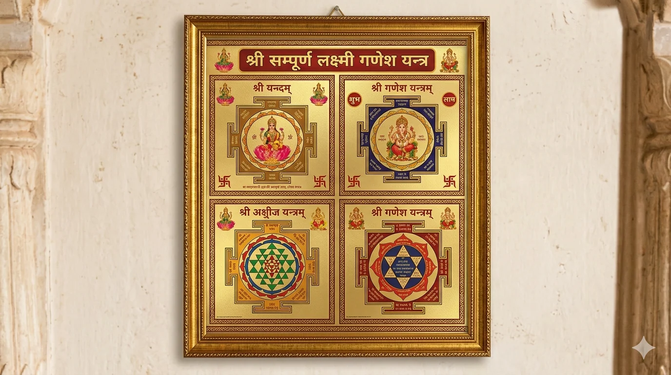 Shree Sampoorna Laxmi Ganesh Yantra – 2D, Pyrite Dust Frame (Set of Four)