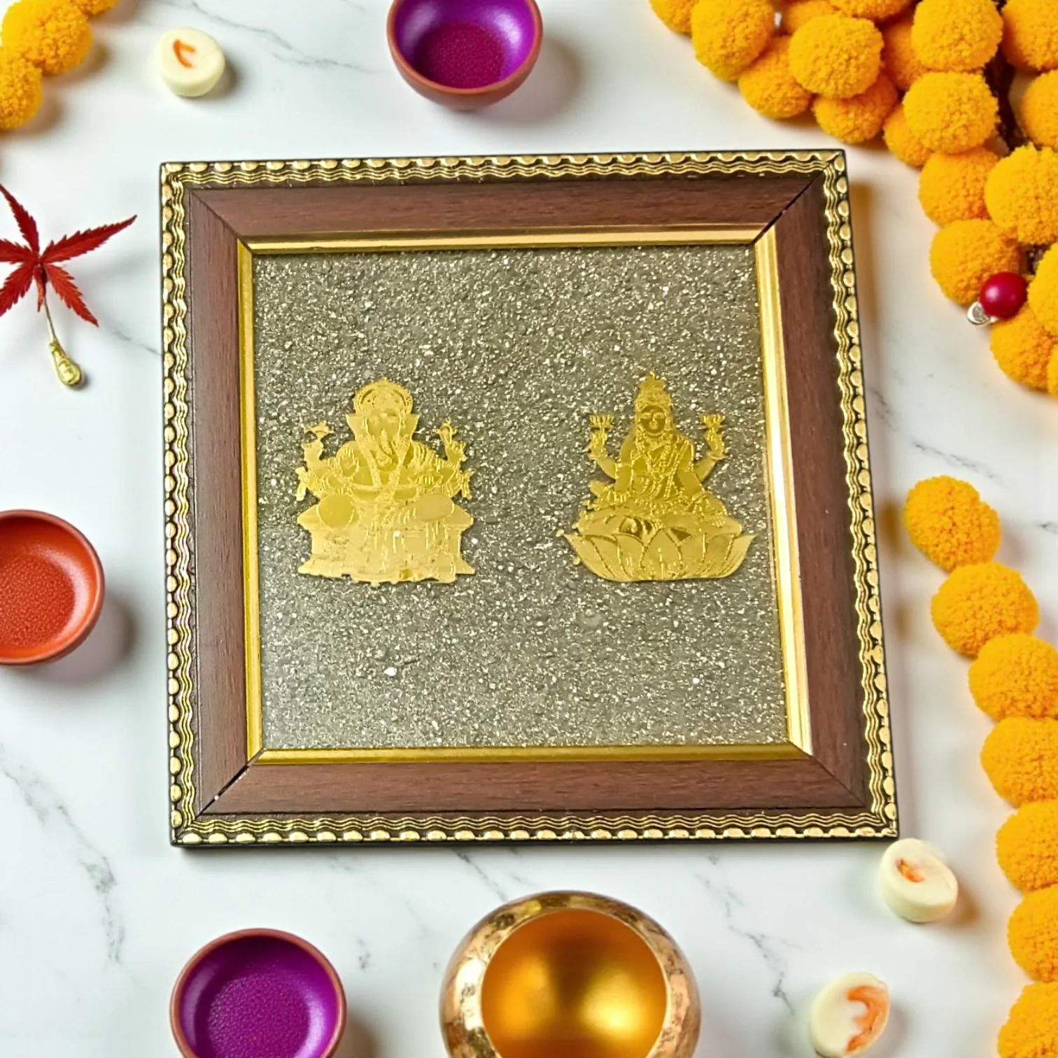 Shree Pyrite Yantra + Laxmi Ganesh Pyrite Dust Frame Combo – for Wealth & Puja